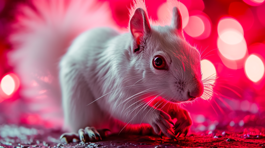 An albino squirrel with white fur and red eyes stands out against a vivid red background with soft bokeh effect