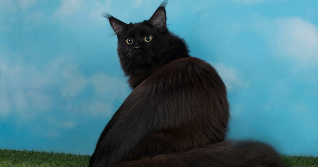 black maine coon - black cat and yellow eyes in front of sky background
