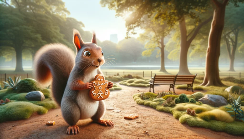 A puzzled squirrel in a park holds gingerbread, questioning "can squirrels eat gingerbread?" in a sunlit, whimsical setting.