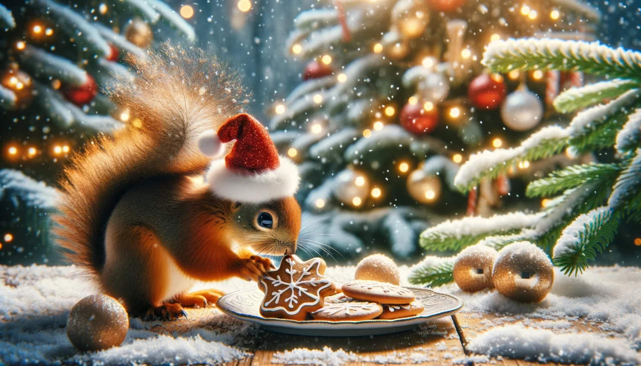 squirrel in a Santa hat exploring gingerbread in a snowy setting, with a decorated Christmas tree in the background, capturing the festive spirit.