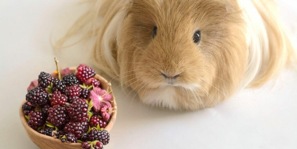 can guinea pigs eat blackberries - long haired sheltie guinea pig with a basket of blackberries