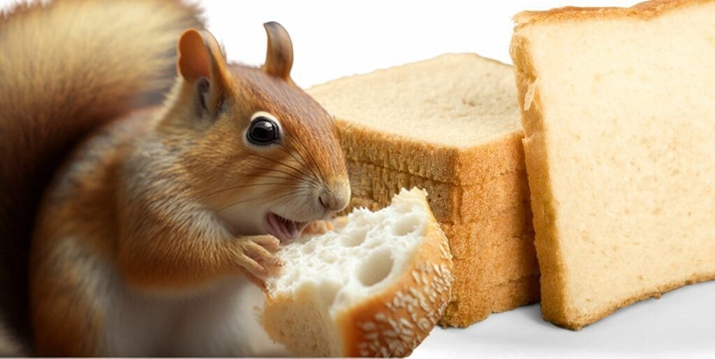 can squirrels eat bread - squirrel eating a white piece of bread with a loaf of bread in the background