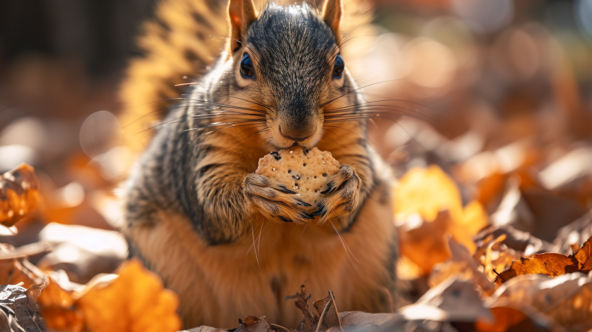 a squirrel surrounded by autumn leaves eating a biscuit
