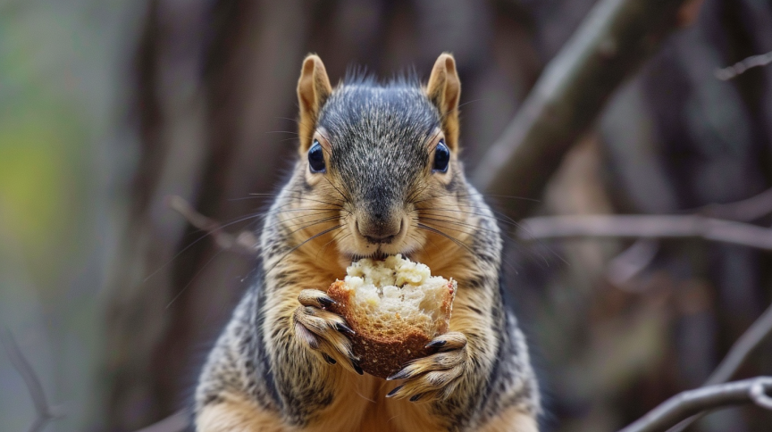 A close-up of a squirrel eating white bread