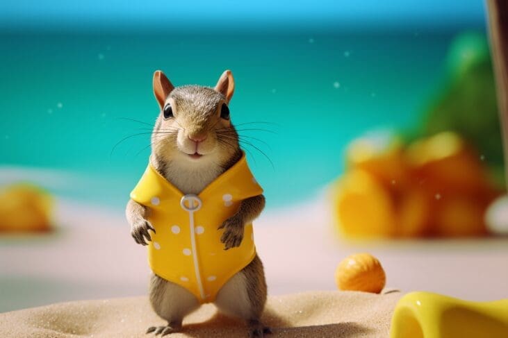 can a squirrel swim - squirrel on the beach in a yellow swimsuit