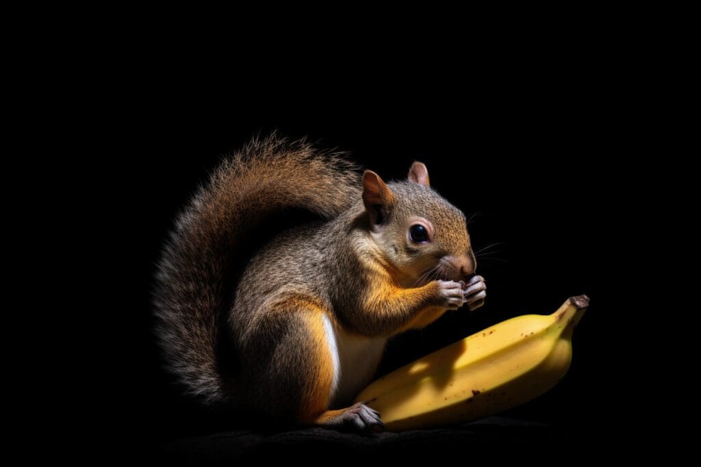 can squirrels eat bananas - squirrel eating a banana in front of a black background