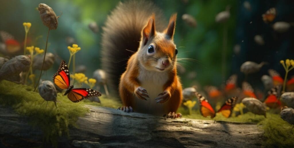 squirrel sitting on a log in the forrest with butterflies