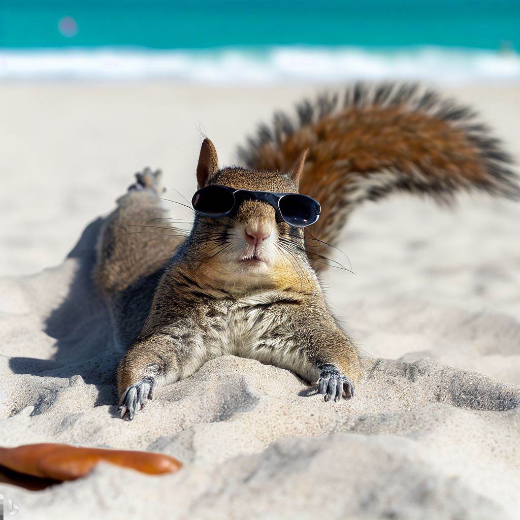 splooting squirrel  laying flat on the sand
