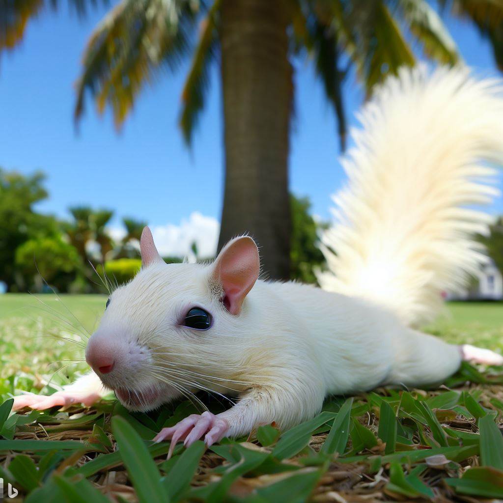 albino squirrel sploot - laying flat in front of a palm tree