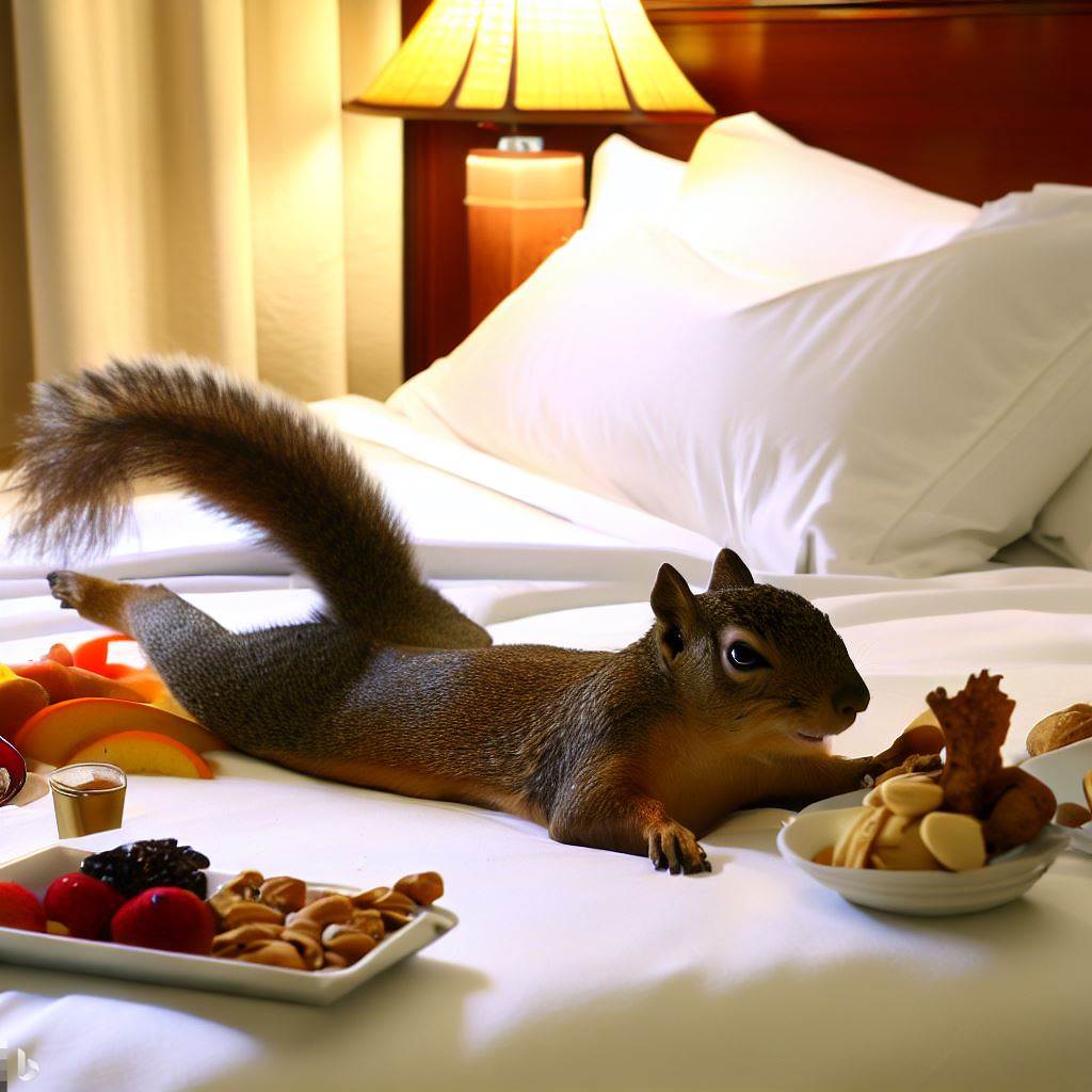 squirrel laying float on a hotel bed eating fruits and nuts