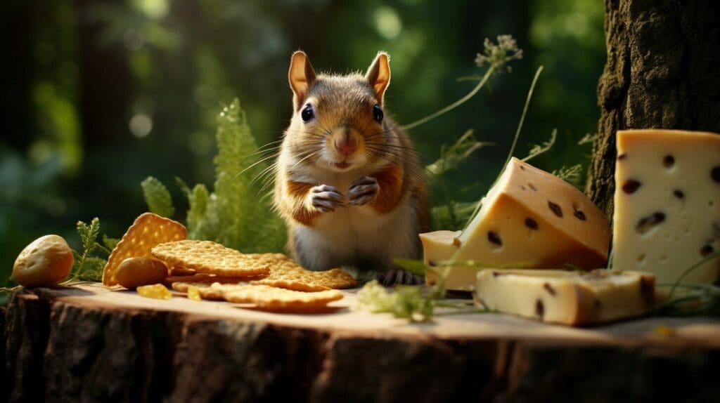 A squirrel sitting next to cheese blocks