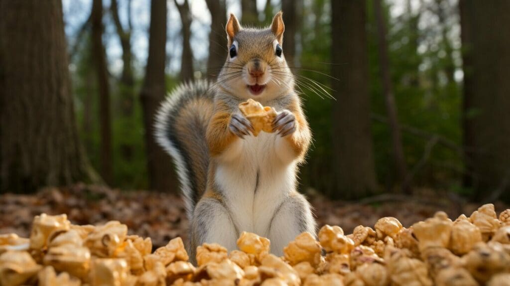 a pet squirrel eating popcorn