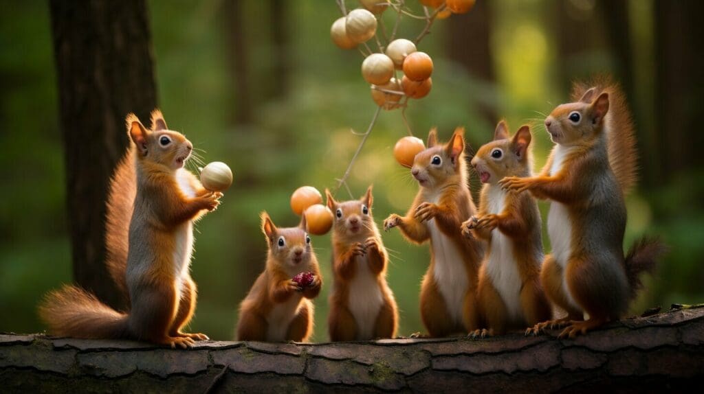 a group of squirrels standing on a tree branch tossing up popcorn
