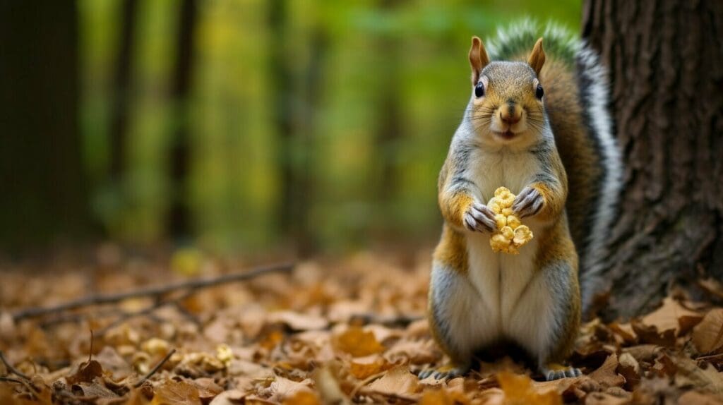 a wild squirrel eating popcorn in the woods