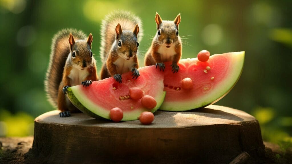 squirrels eating watermelon