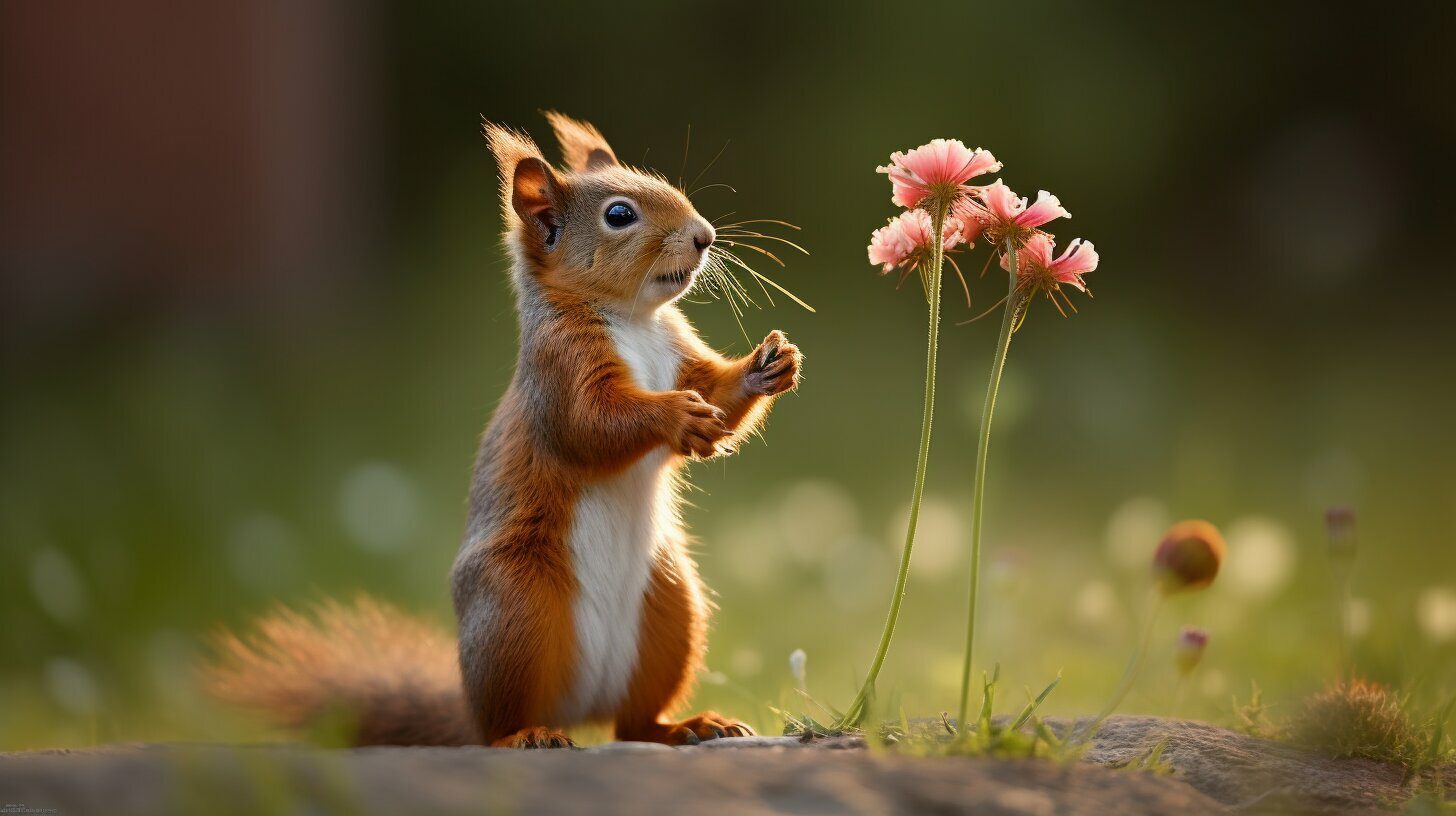 red squirrel smelling pink flowers