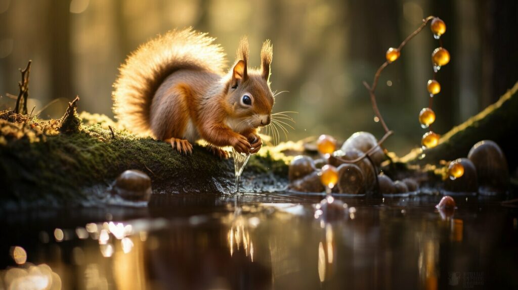 a red squirrel drinking from a pond
