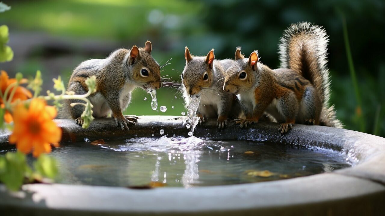 three squirrels drinking water