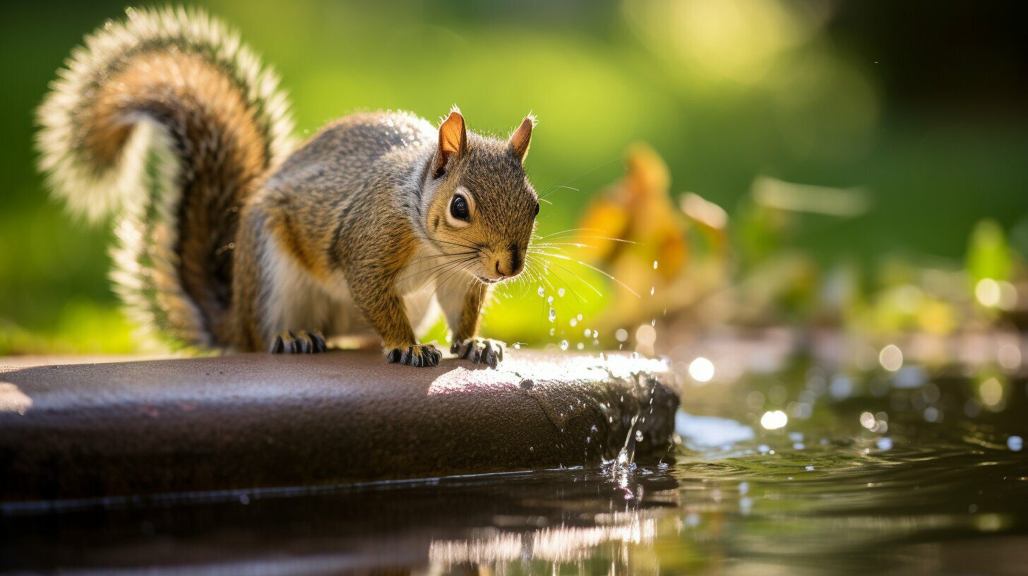 squirrel looking at their reflection in the water