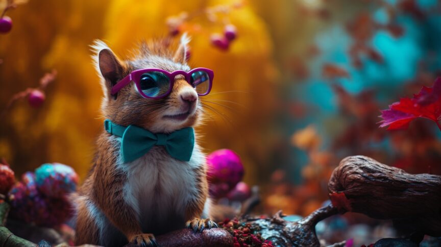 squirrel wearing glasses in an enchanted forest