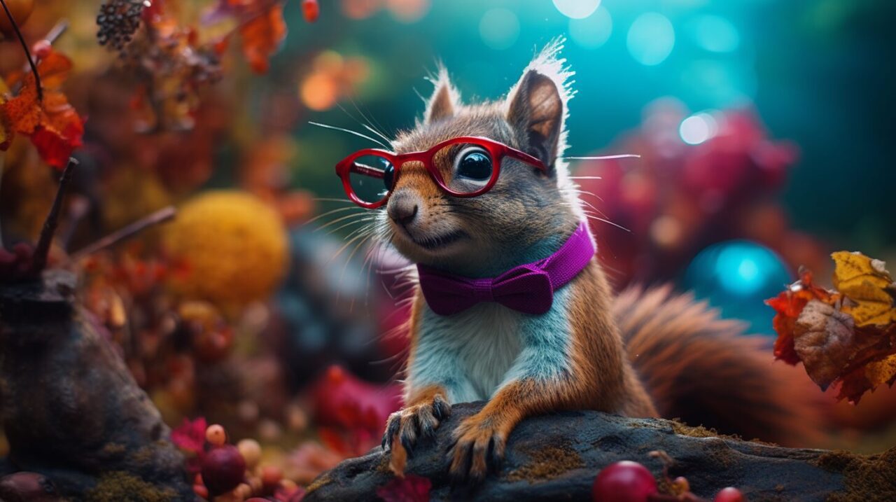 squirrel leaning on a tree trunk wearing glasses