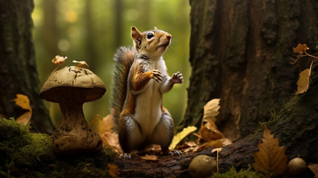 squirrel standing on its hind legs in a forrest surronded by mushrooms