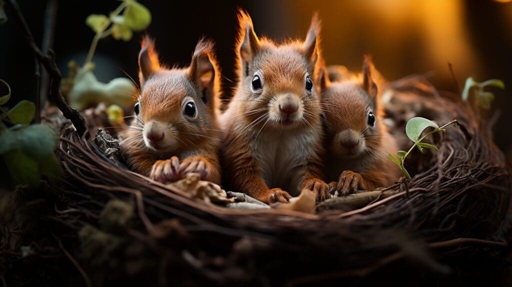 three baby squirrels sitting in their nest