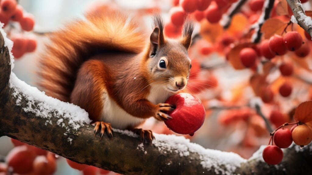 squirrel eating a bright red fruit