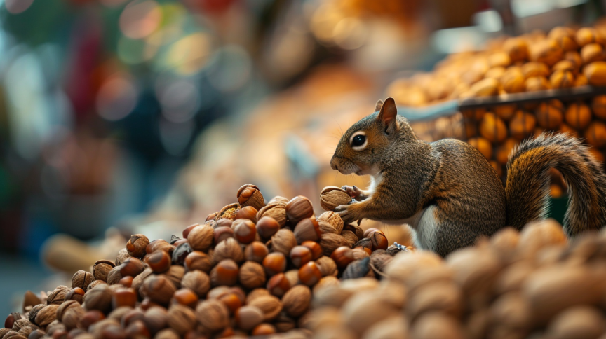 Squirrel amid piles of nuts at a market, holding an unshelled nut.