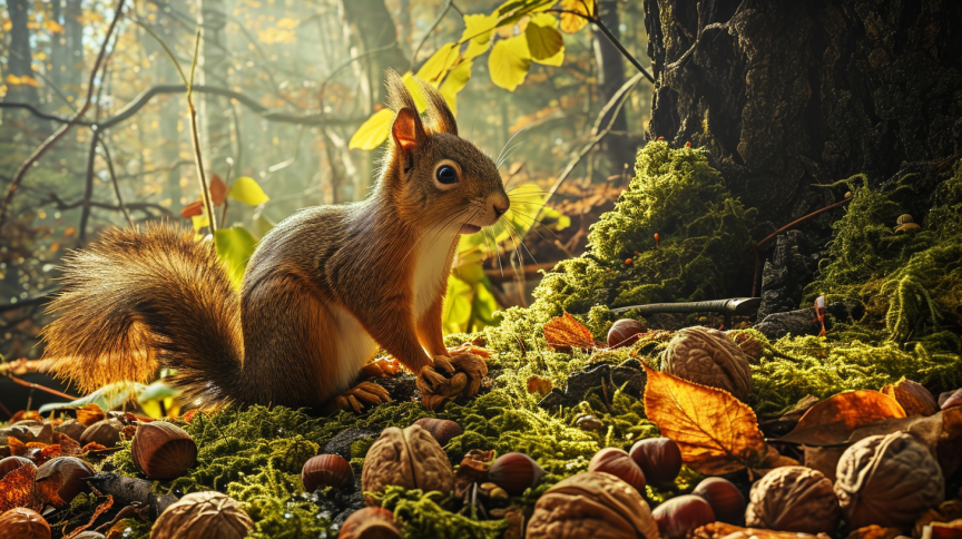 A squirrel with a bushy tail surrounded by nuts and leaves in a sunlit forest.