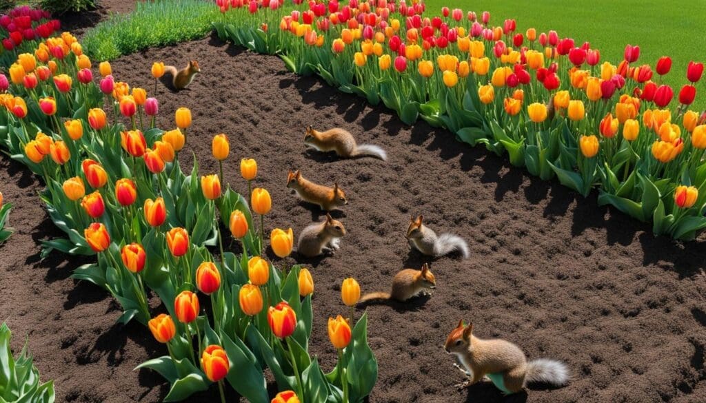Numerous squirrels scampering in the garden looking for tulip bulbs.
