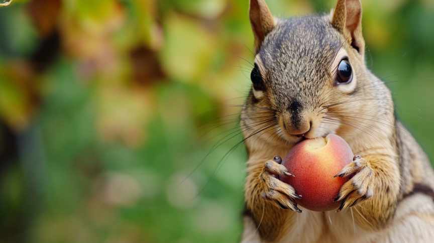 A close-up of a squirrel holding a juicy peach in its paws.