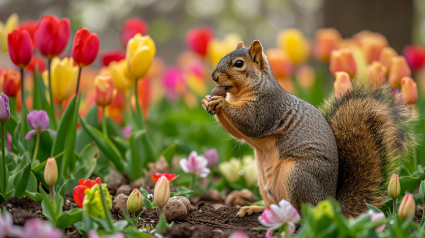 An eastern fox squirrel showing the truth behind do squirrels eat tulip bulbs.