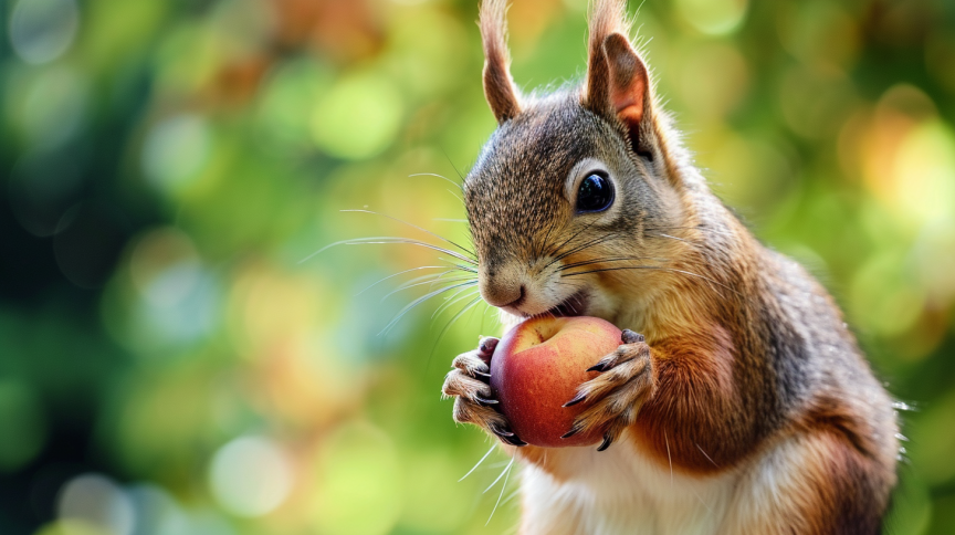 a squirrel eating a peach