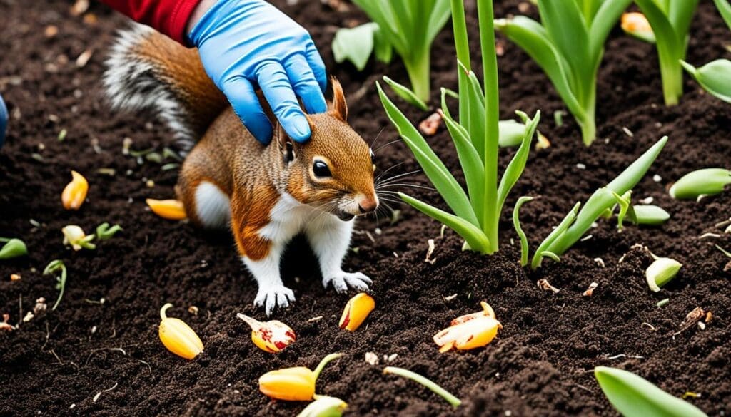 A gloved hand pets a wild squirrel in a tulip garden.