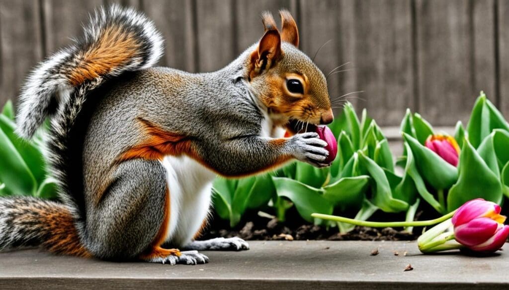 A squirrel eating a tulip bulb in the garden.