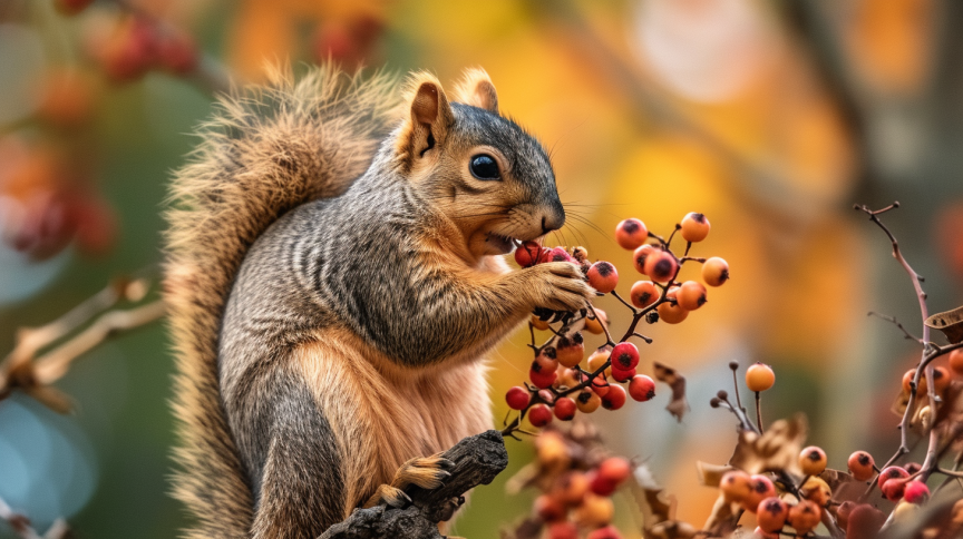 an eastern fox squirrel sitting on a branch eating berries