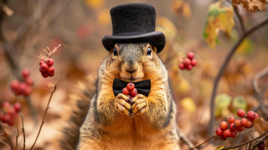 a squirrel in a top hat and bow tie answering the question do squirrels eat berries.