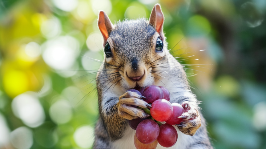 a closeup of a squirrel eating red grapes answering the question do squirrels eat grapes yes they do