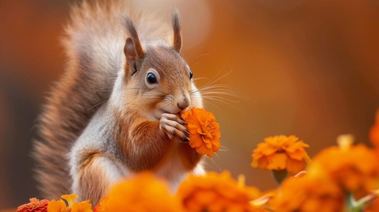 do squirrels eat marigolds - a red squirrel eating an orange marigold