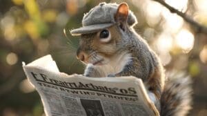 An eastern gray squirrel wearing a newsboy cap reading facts in a newspaper