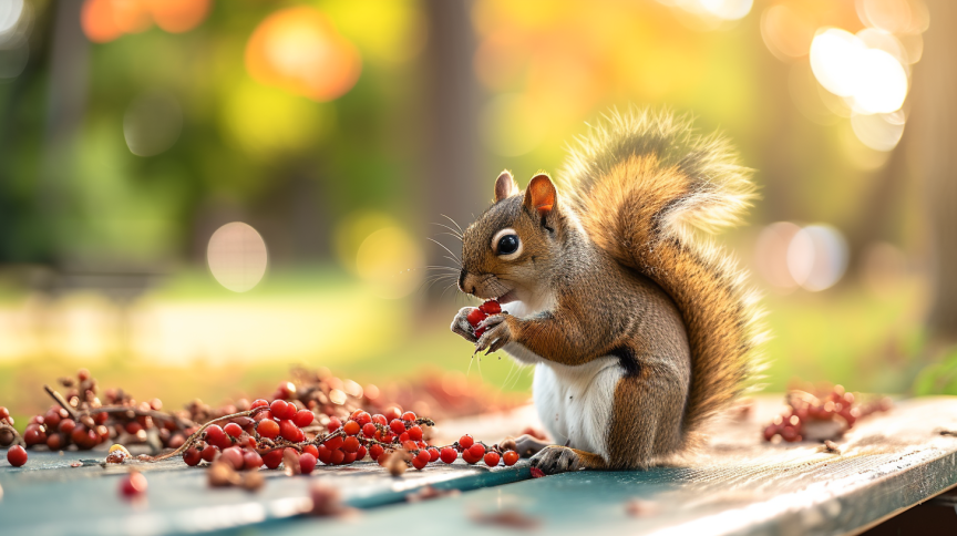 a squirrel sitting on a picnic table eating berries