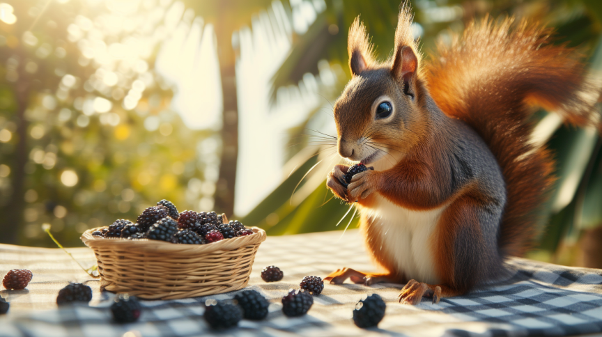 a red squirrel eating blackberries on a picnic table in miami florida