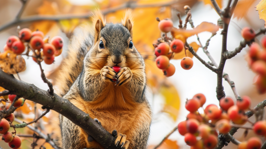 closeup of a squirrel sitting on a branch enjoying some berries from the tree