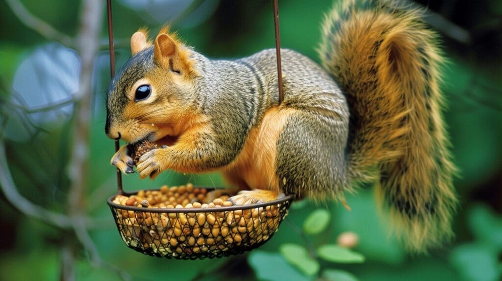 A squirrel eating while sitting in a hanging basket of bird feed 