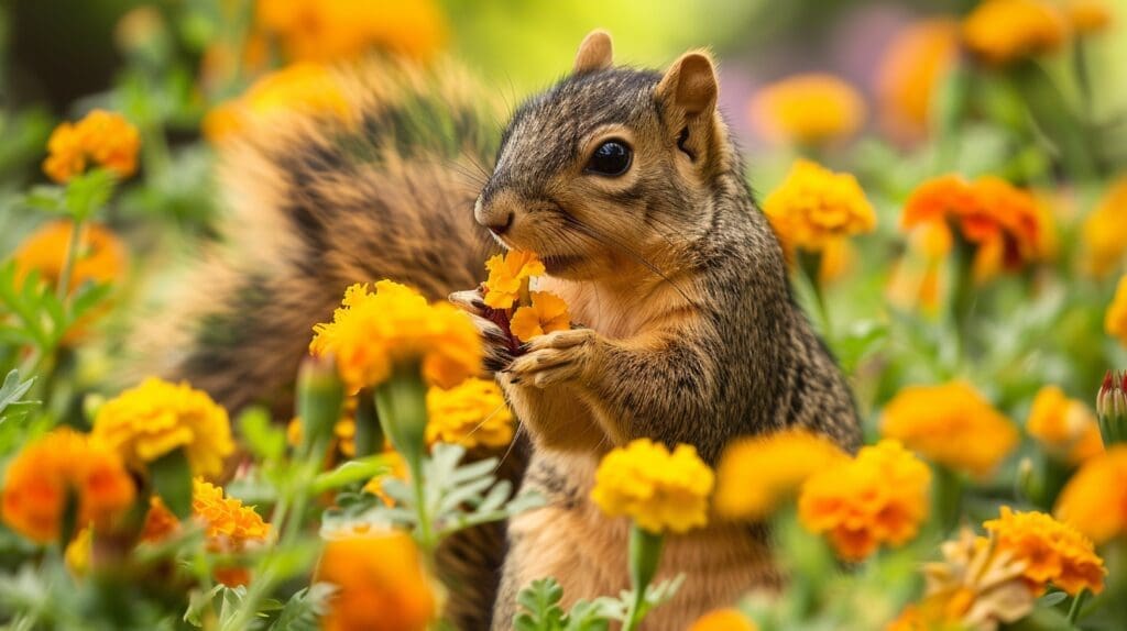 an eastern fox squirrel eating a flower in your marigold garden