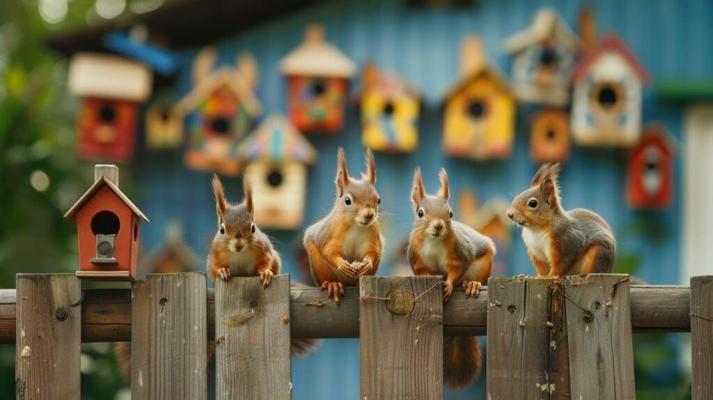 four squirrels sitting on fence in front of bird houses and bird feeders