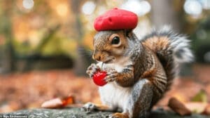 can squirrels eat cherry pits: a squirrel wearing a red beret eating a cherry