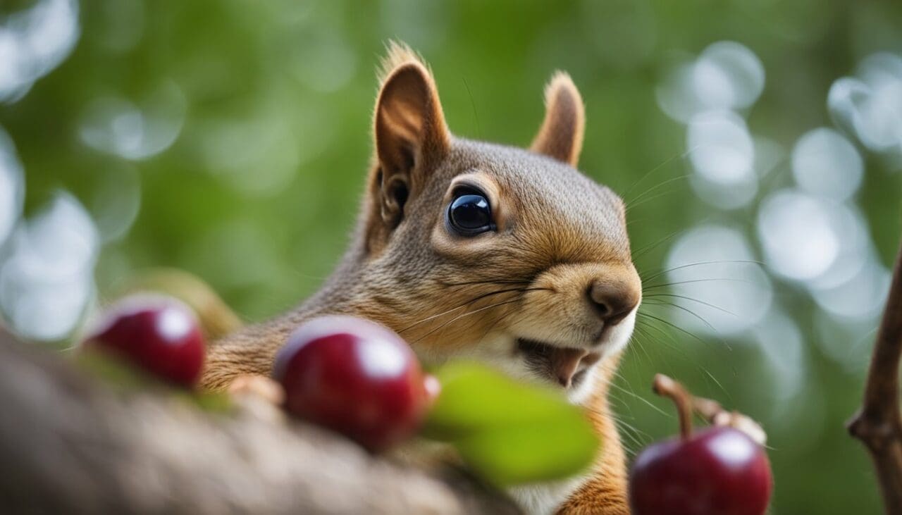 A squirrel sits on a tree branch, munching on a cherry, while scattered cherry pits lay on the ground below