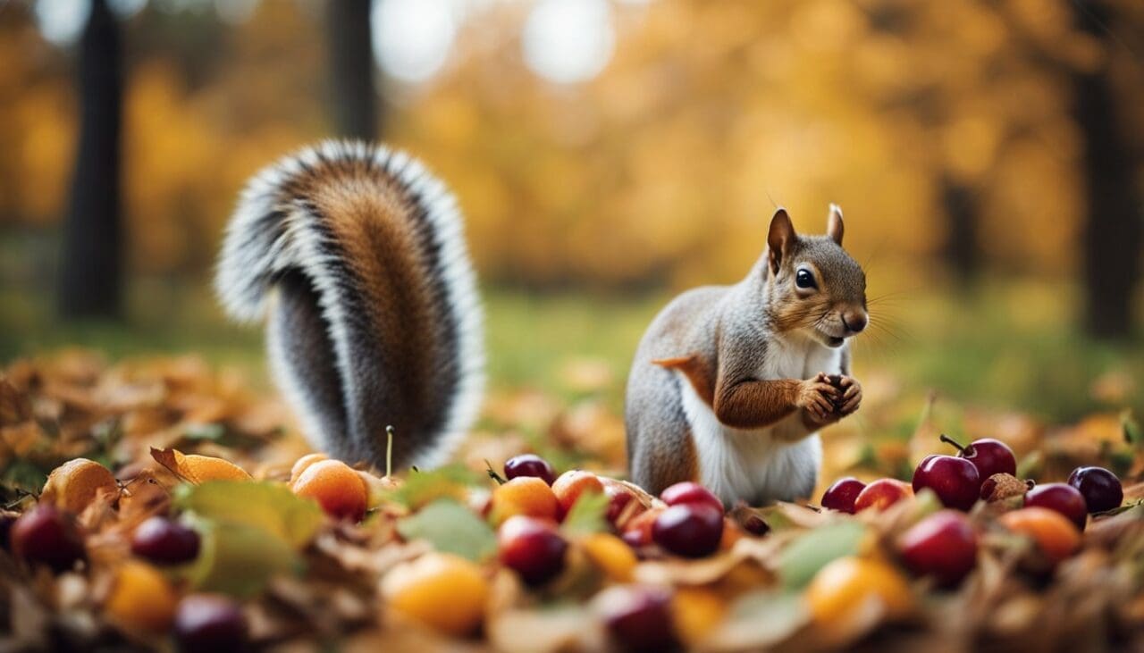 A squirrel nibbles on a cherry pit, surrounded by fallen fruit and leaves